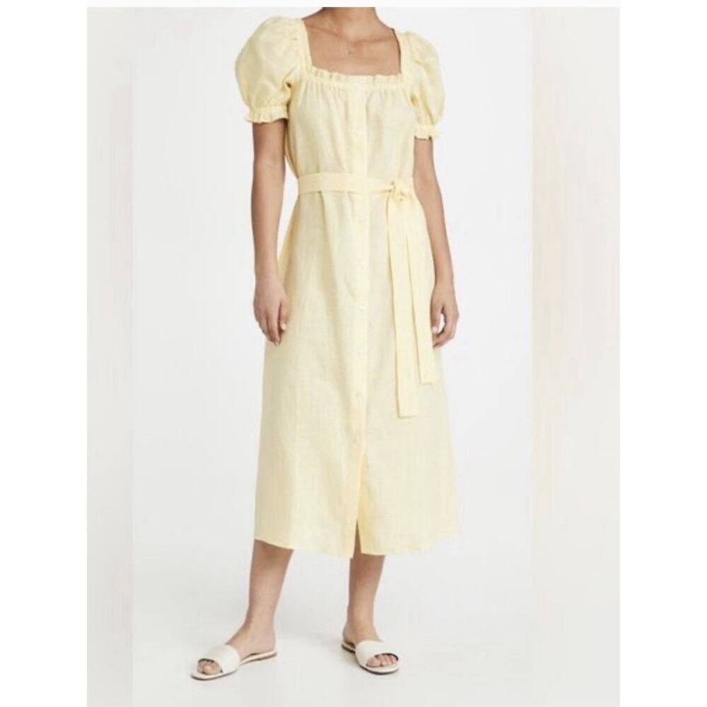 Sleeper Women's Butter Yellow Linen Button Front Self-Tie Brigitte Dress Small